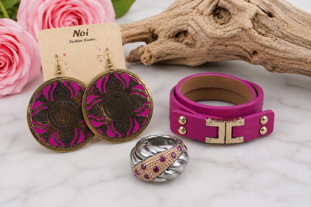 3 pc set. Wrap bracelet, earrings and ring. Pink Gold Dangle Rhinestone Rose